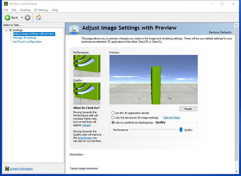 NVIDIA控制面板3D设置界面