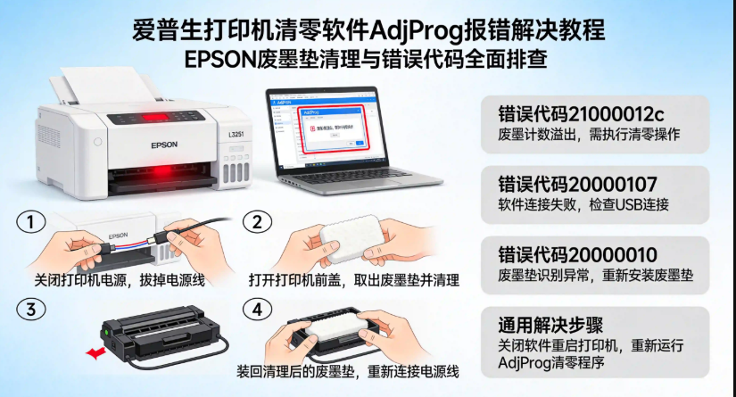 爱普生打印机清零软件AdjProg报错解决教程：EPSON废墨垫清理与错误代码全面排查 21000012c、20000107、20000010