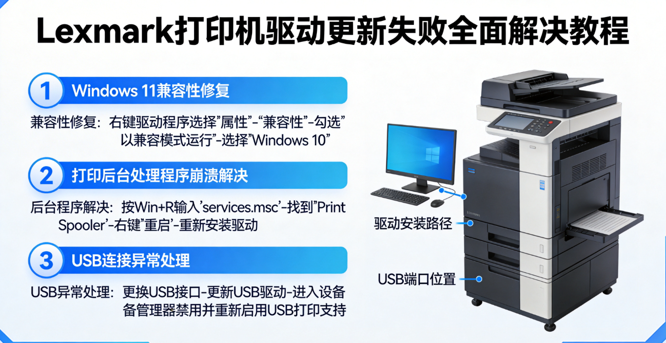 Lexmark打印机驱动更新失败全面解决教程：修复Windows 11兼容性、打印后台处理程序崩溃、USB连接异常问题