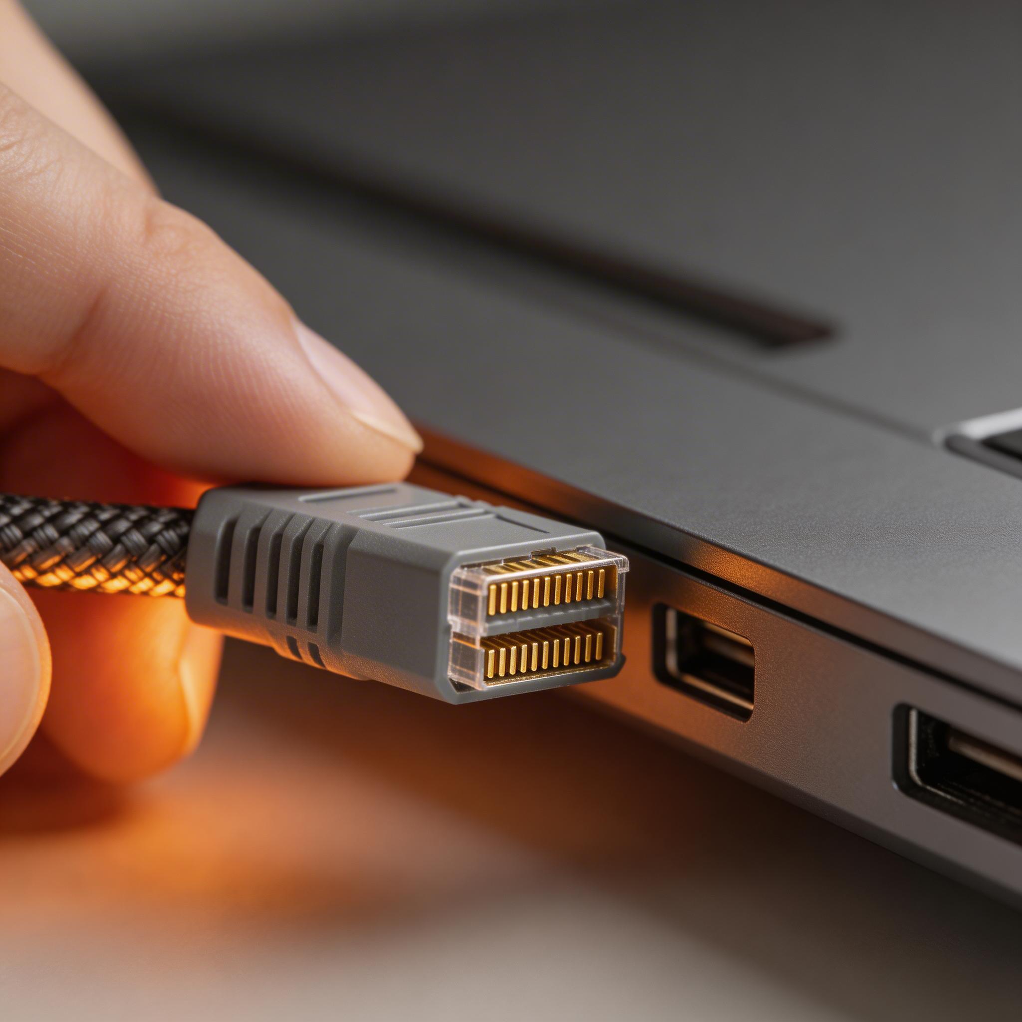 RJ45网线插入笔记本网口特写