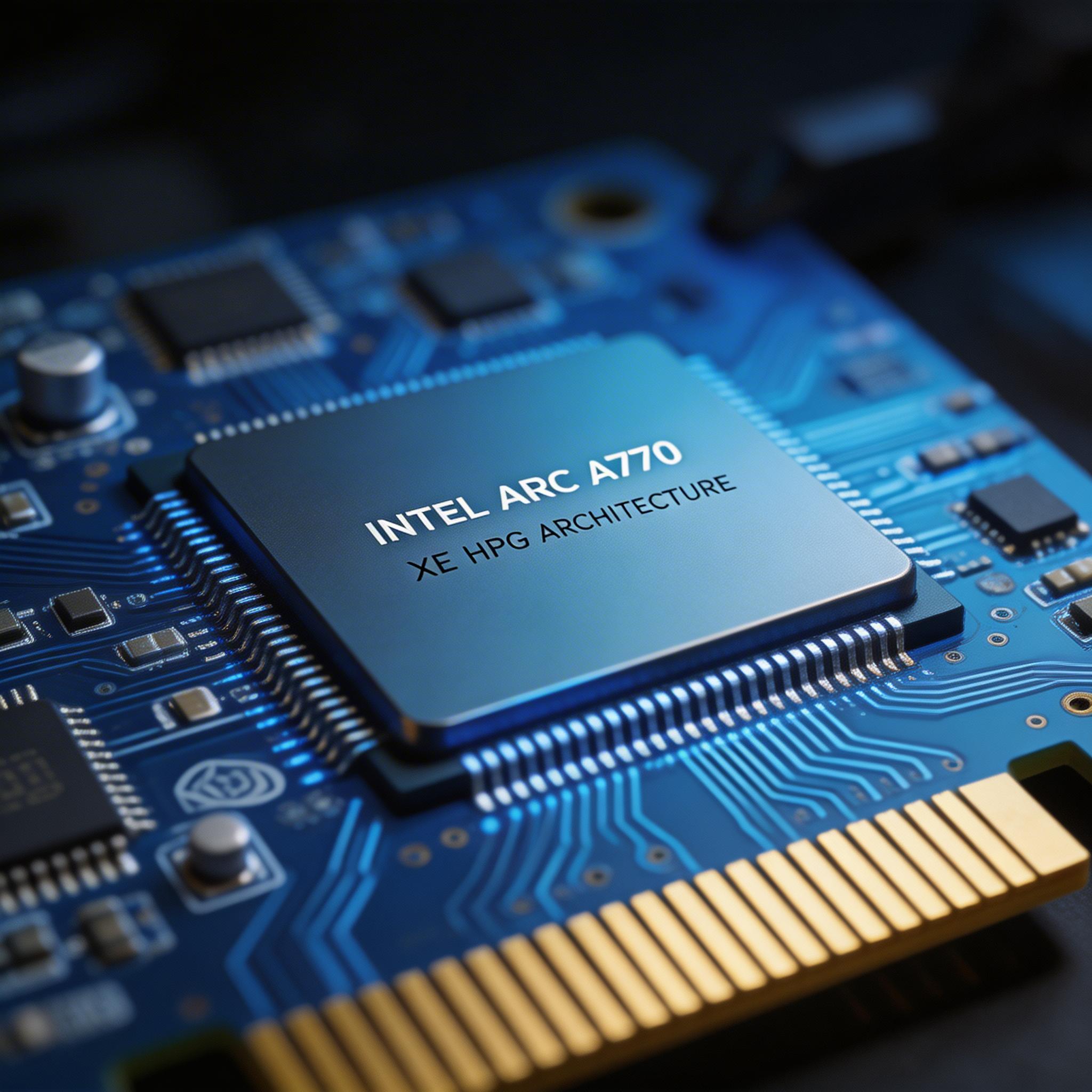 Intel Arc A770显卡PCB蓝色电路板特写