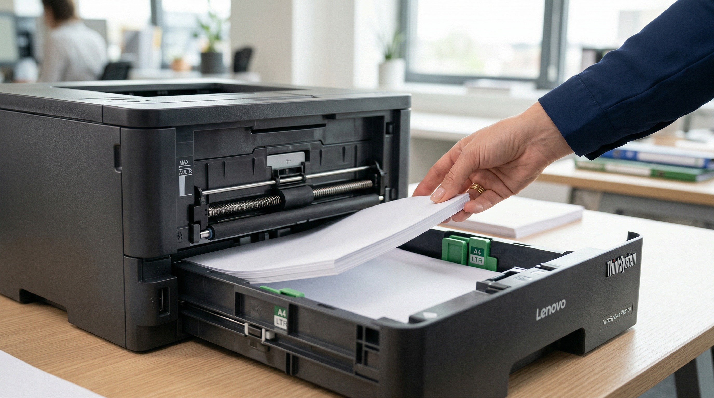 联想LJ2400激光打印机进纸托盘操作特写