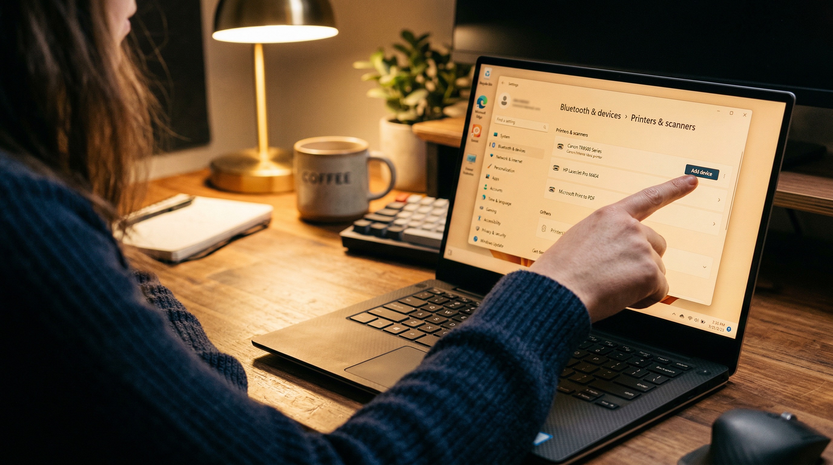 联想打印机驱动Win11设置界面手指指向屏幕