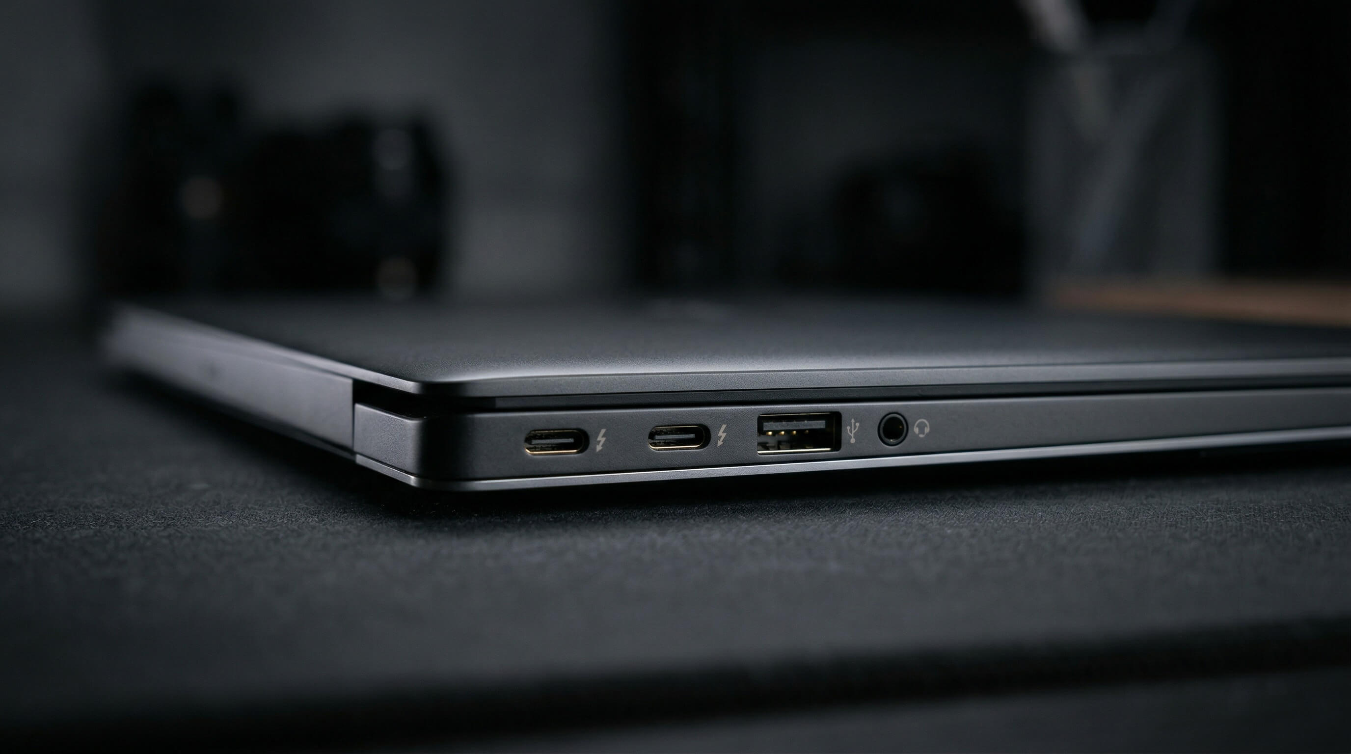Dell XPS笔记本右侧USB接口特写深色背景