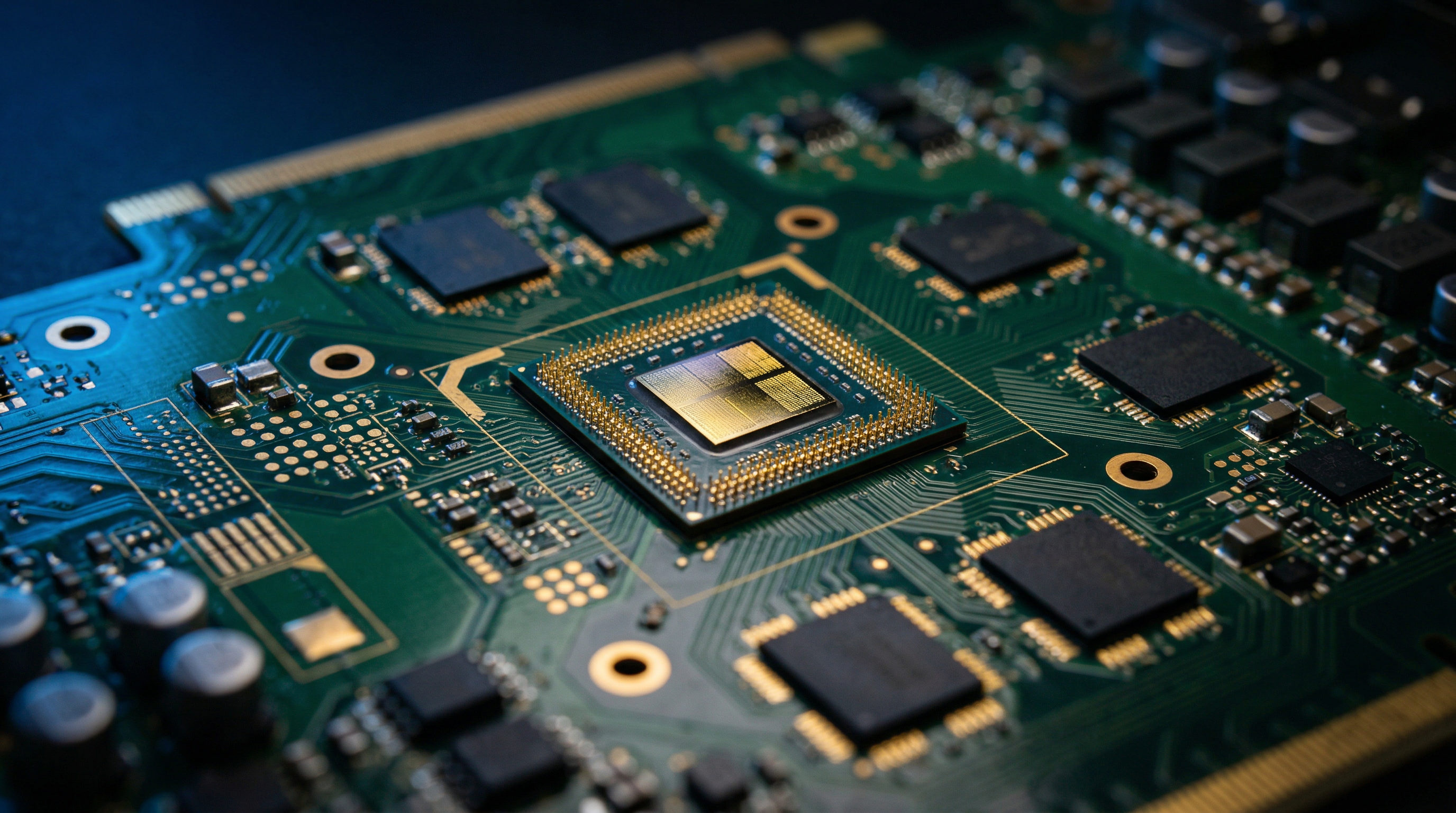 Intel Arc显卡PCB绿色电路板蓝色戏剧侧光