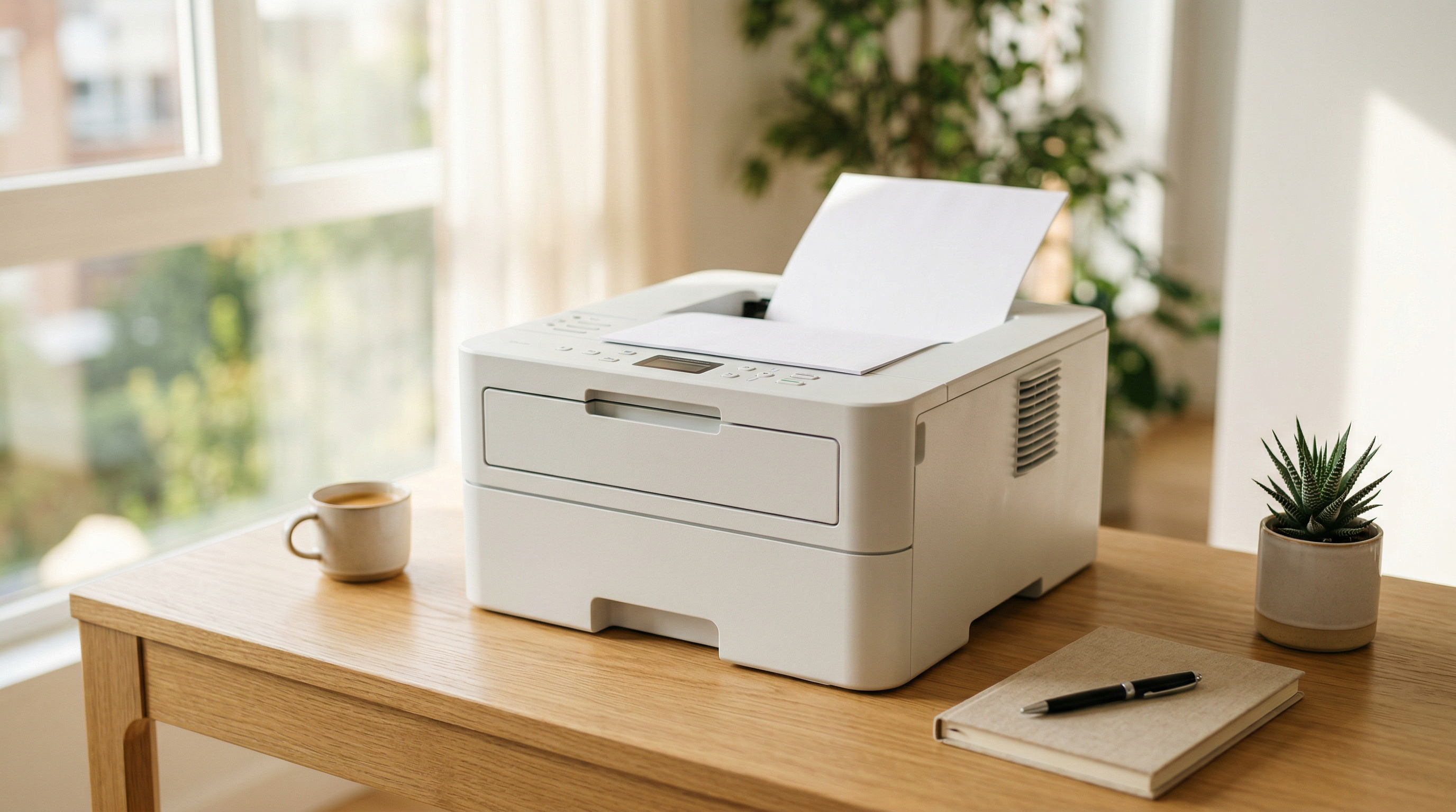 白色激光打印机在办公桌上自然日光简洁背景