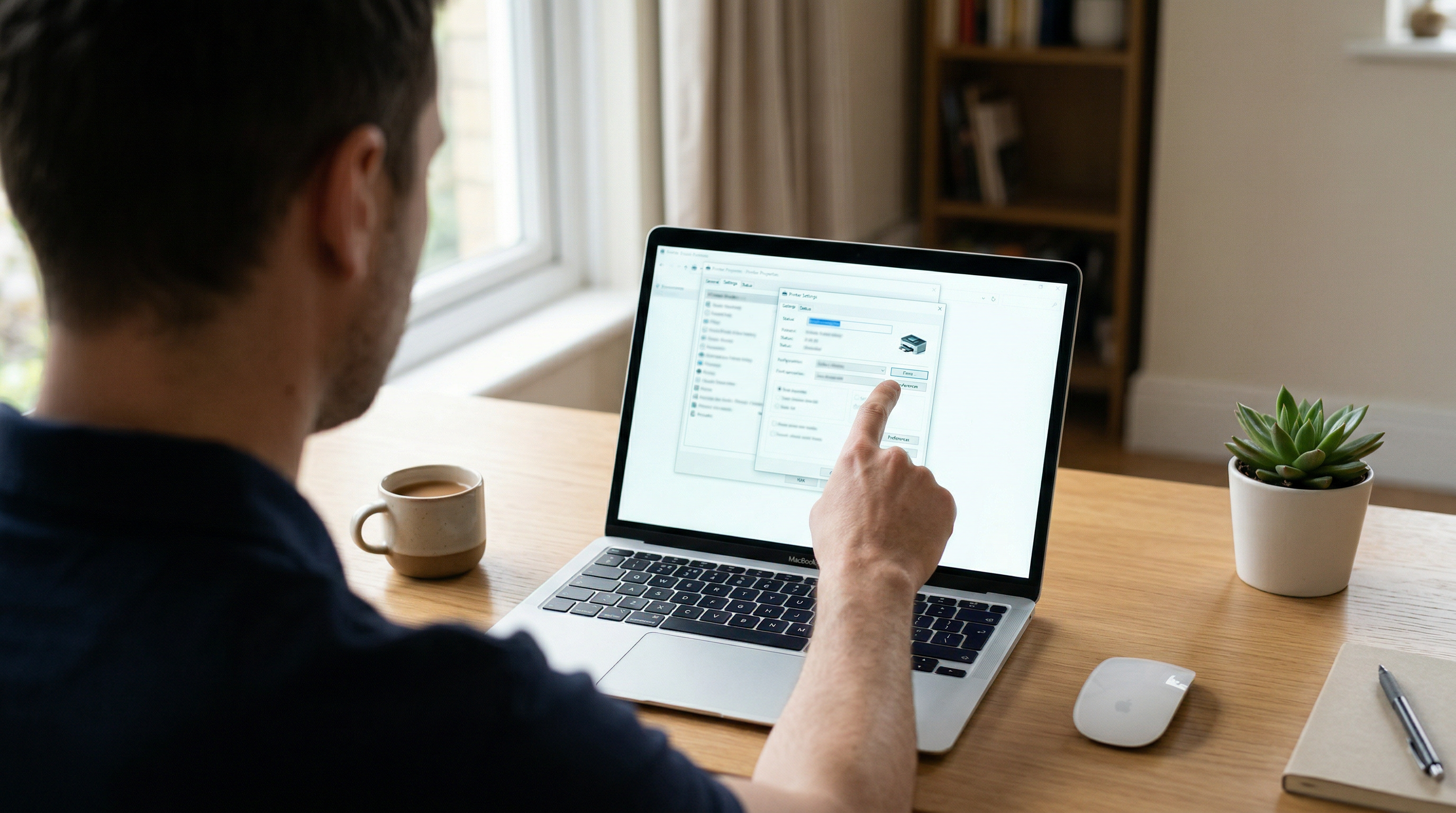 用手操作笔记本设置打印机驱动界面过肩视角