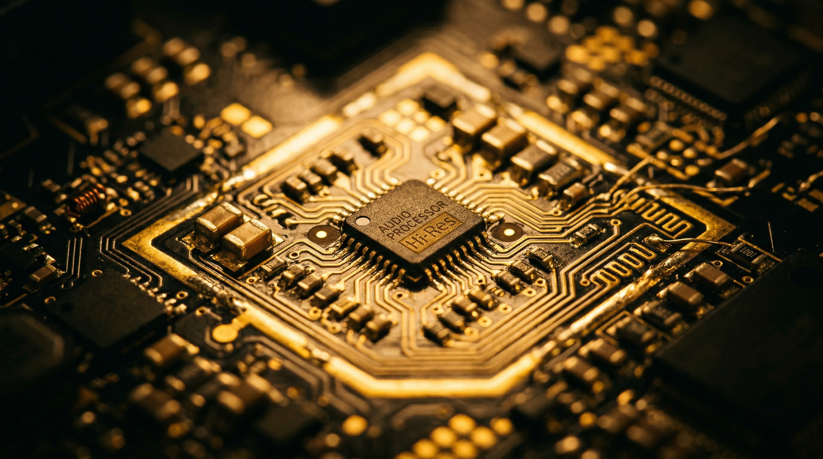 声卡芯片主板特写金色电路板暖光浅景深