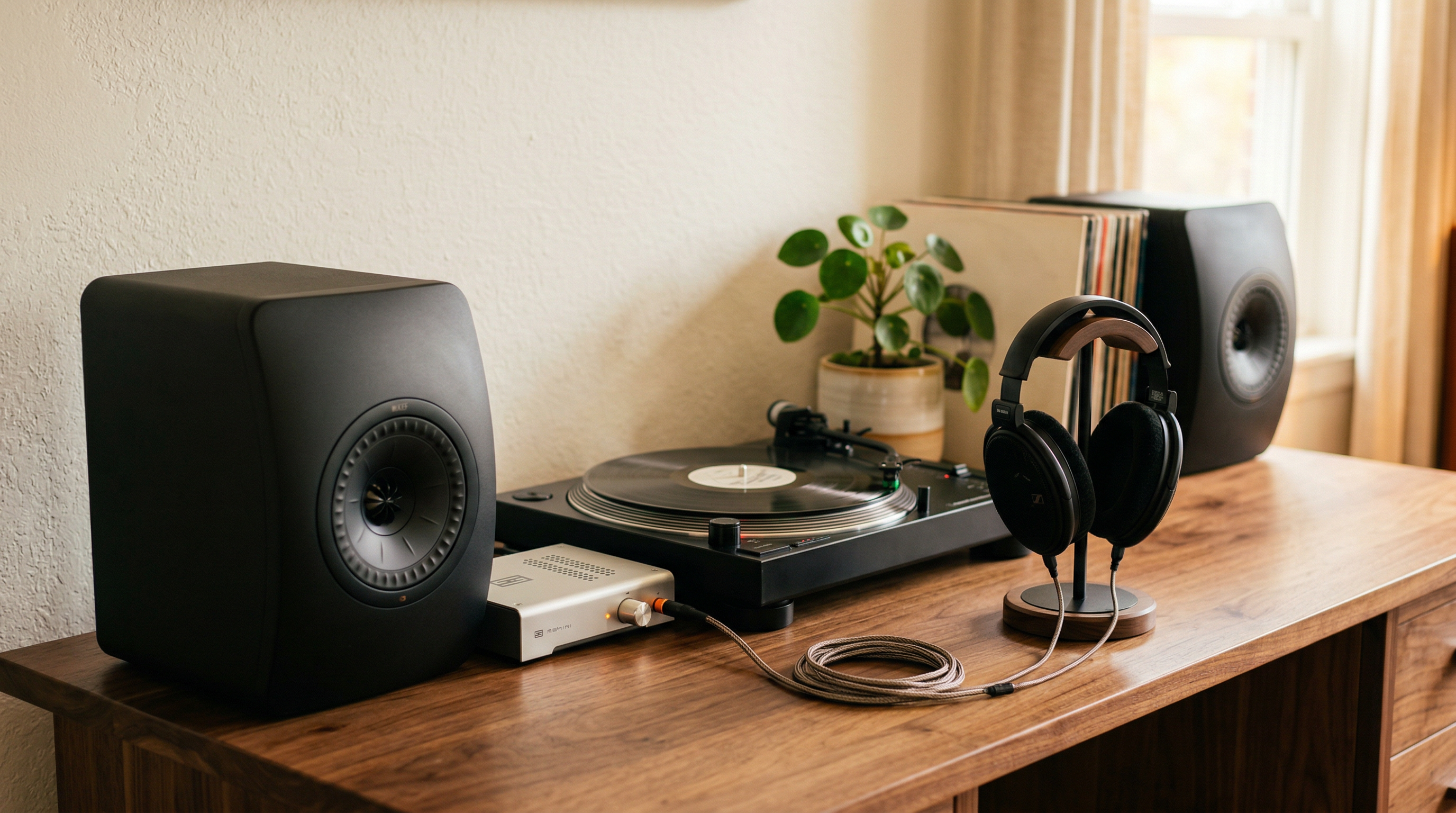 音响设备在桌上暖色工作室灯光简洁背景