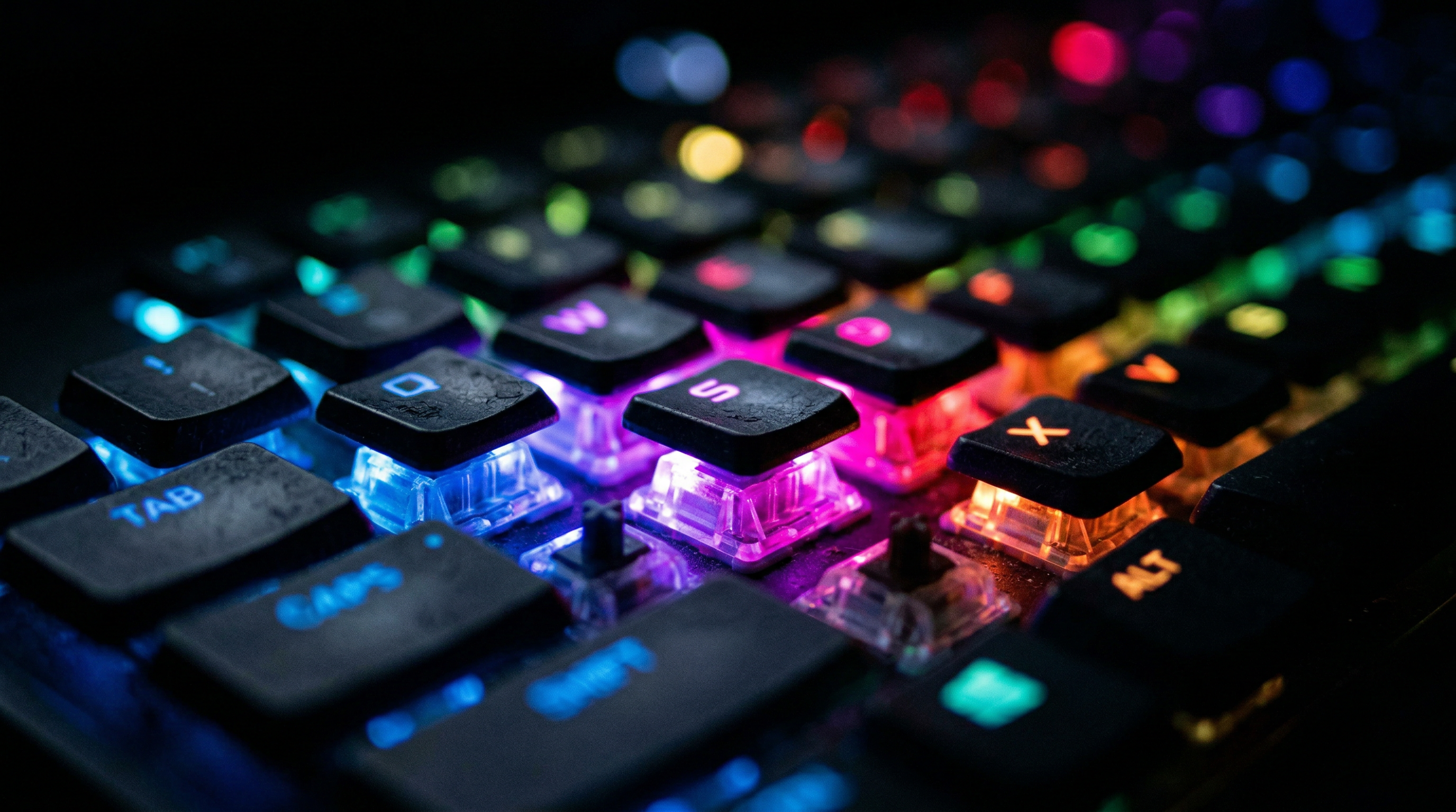 笔记本键盘RGB背光特写极浅景深暗背景