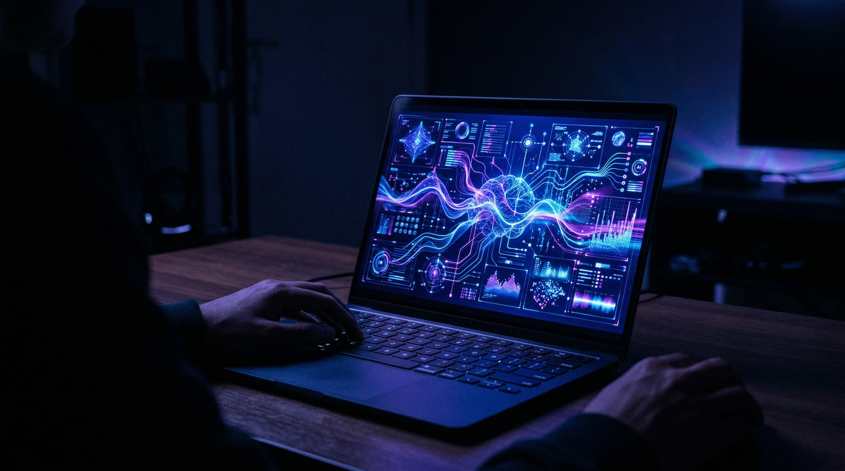 笔记本屏幕显示蓝紫色AI操作界面暗室氛围未来感