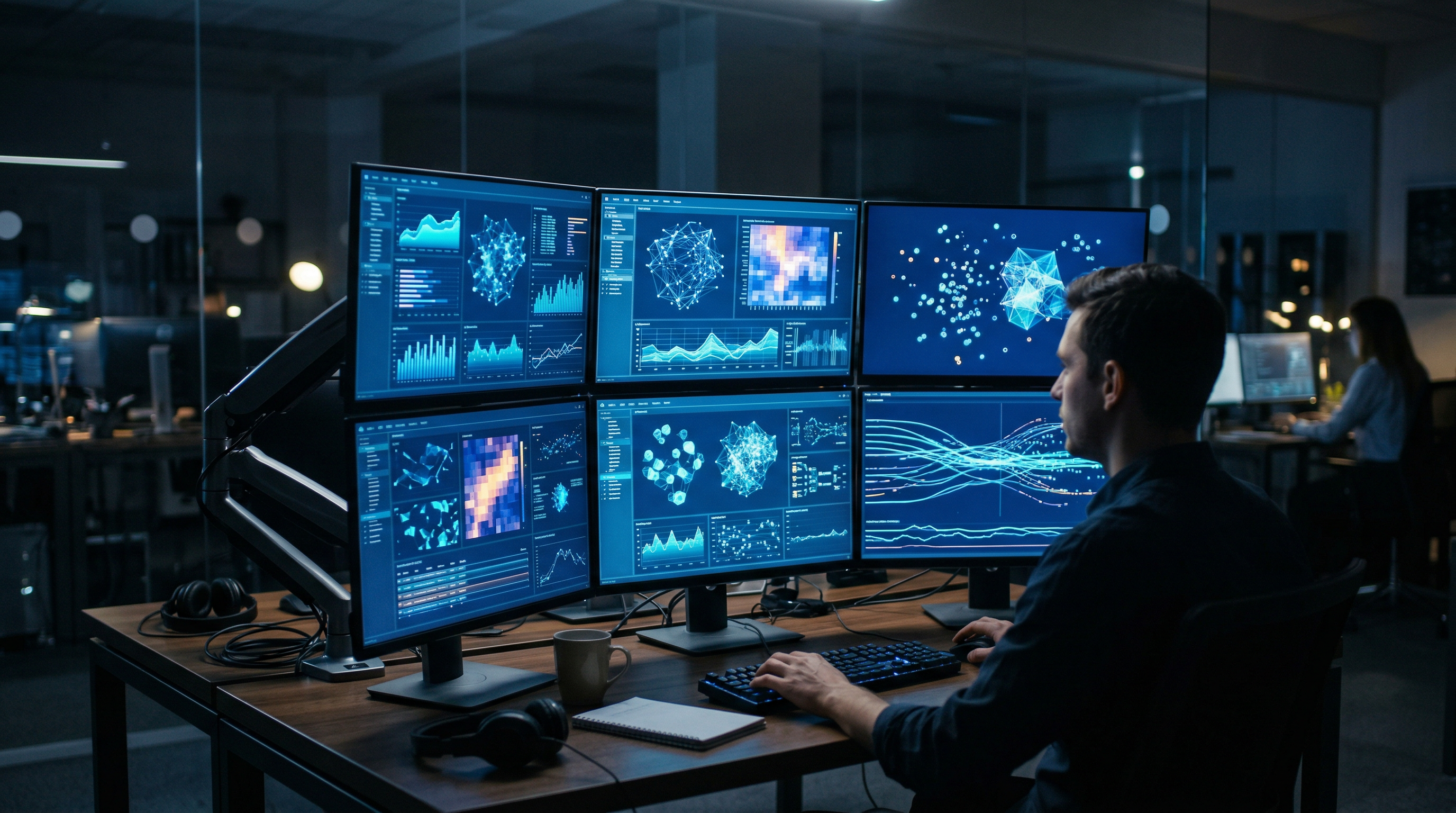 多屏幕显示数据可视化蓝色技术光效暗室办公