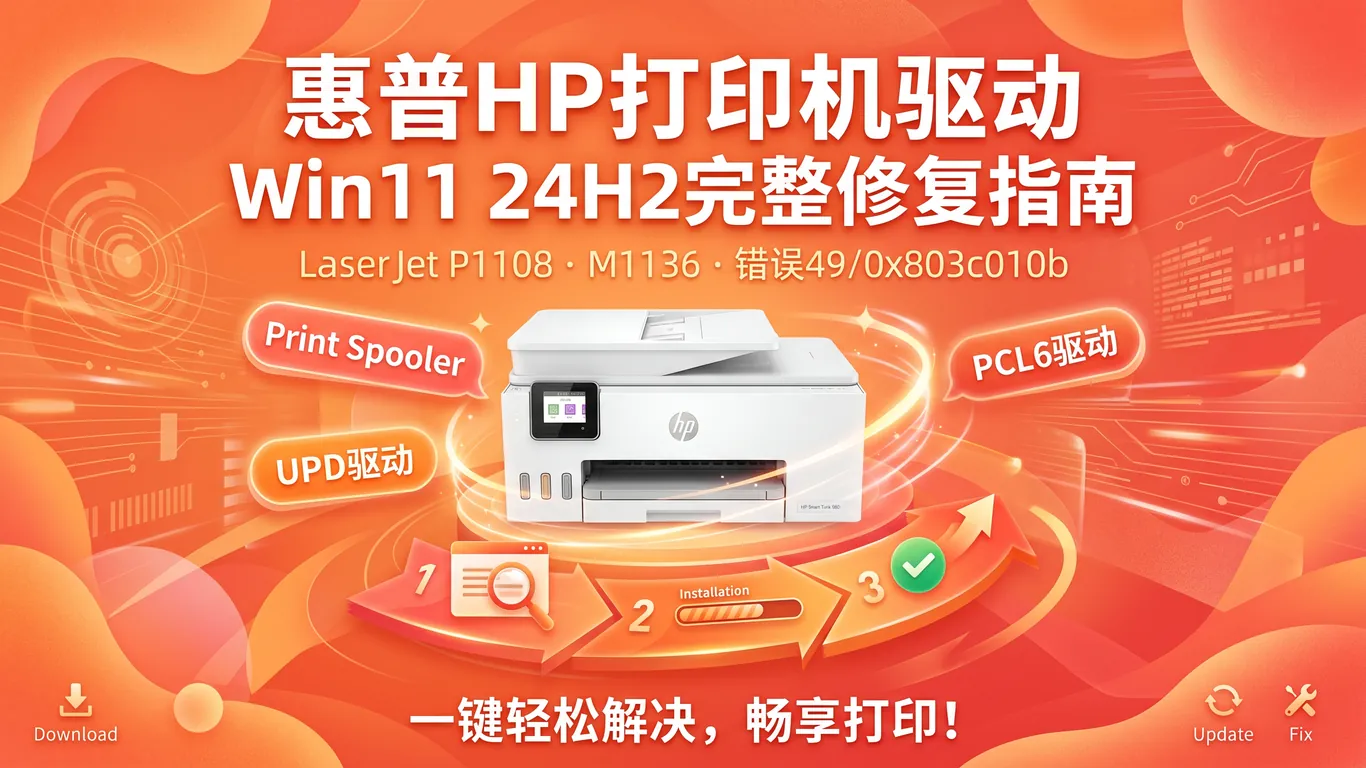 惠普HP打印机驱动Win11 24H2无法安装完整修复指南:LaserJet P1108/M1136错误49/0x803c010b/Print Spooler崩溃/通用PCL6驱动(2026)
