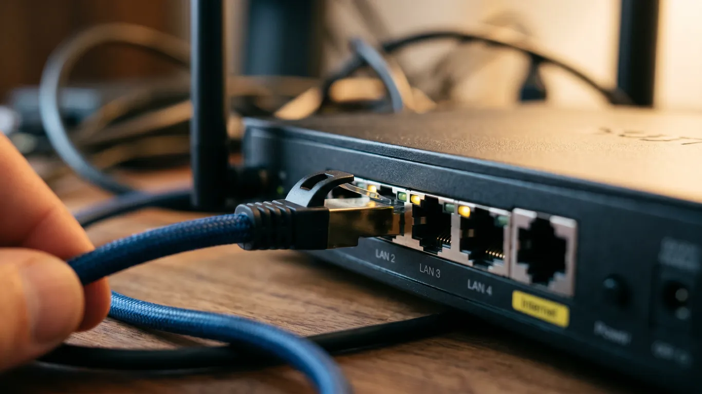 网线插入路由器特写