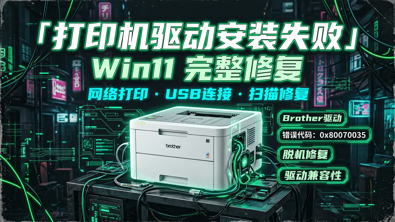 兄弟Brother打印机驱动Win11无法安装完整修复指南:HL-1218W/DCP-7180DN/MFC-7380错误0x80070035(2026)