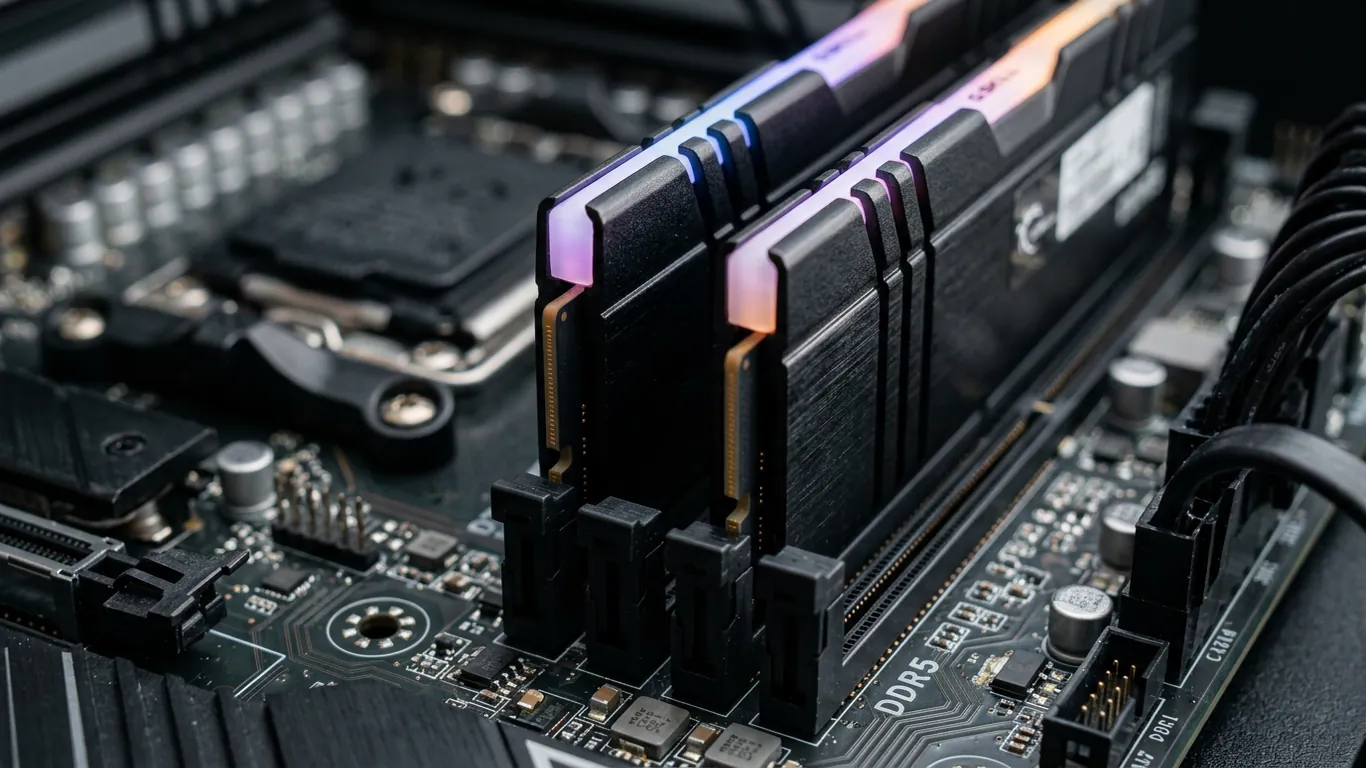 DDR5 内存条与主板内存插槽特写