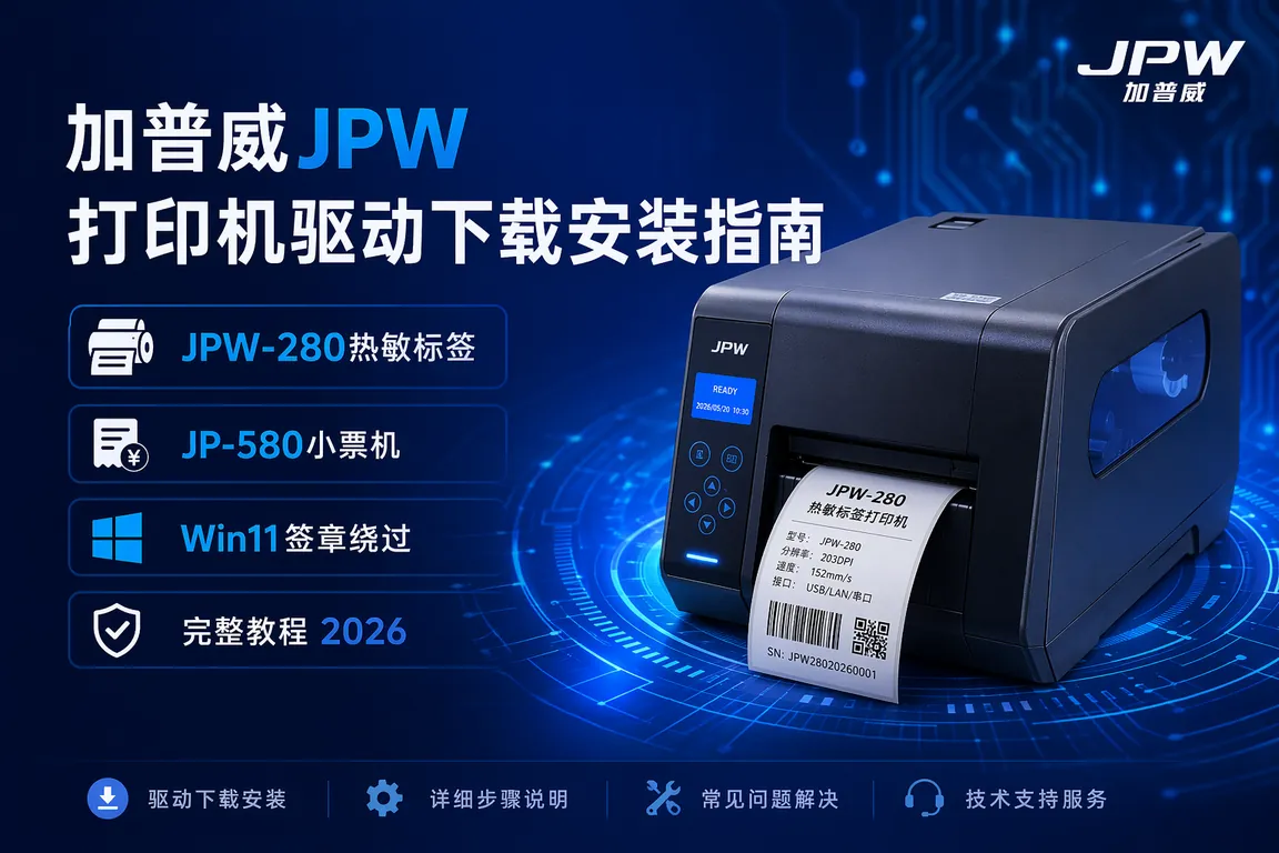加普威JPW打印机驱动下载安装指南 JPW-280热敏标签 JP-580小票机 Win11签章绕过完整教程 2026