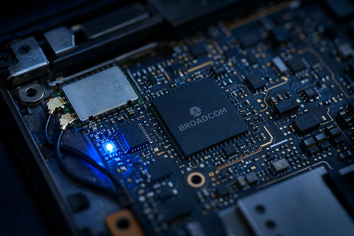 博通Broadcom网卡芯片主板特写与WiFi信号