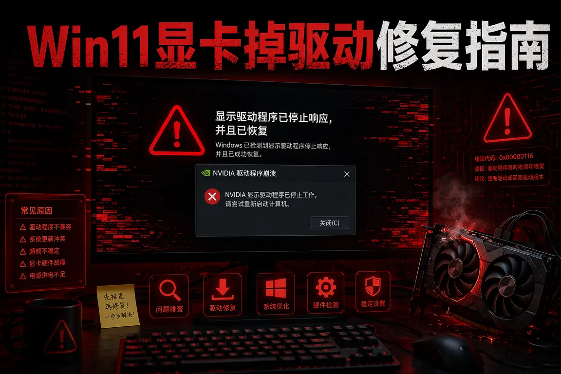 Win11显卡掉驱动修复指南 NVIDIA AMD Intel三品牌 黑屏闪屏 TDR超时 DDU清理重装完整教程 2026