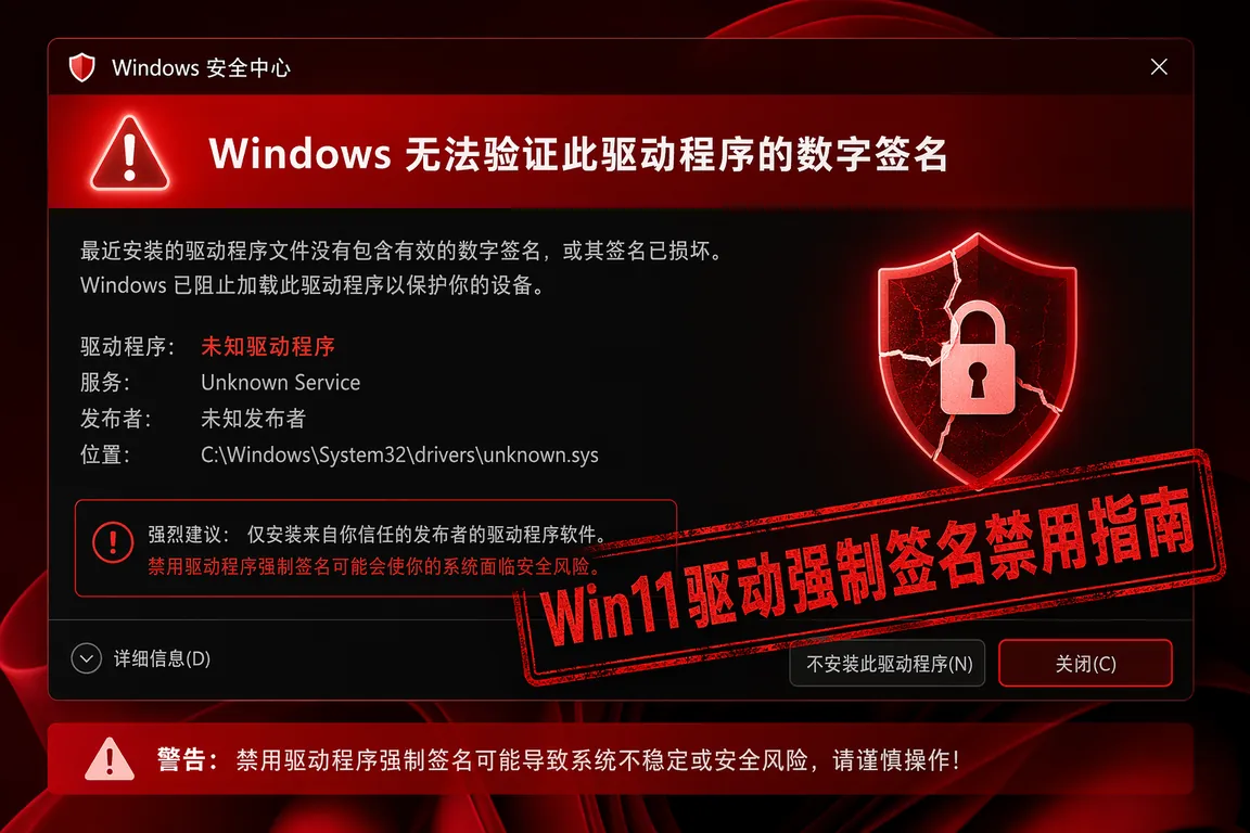 Win11驱动程序强制签名禁用指南:未签名驱动安装/测试模式/代码52/安全启动/数字证书完整教程(2026)