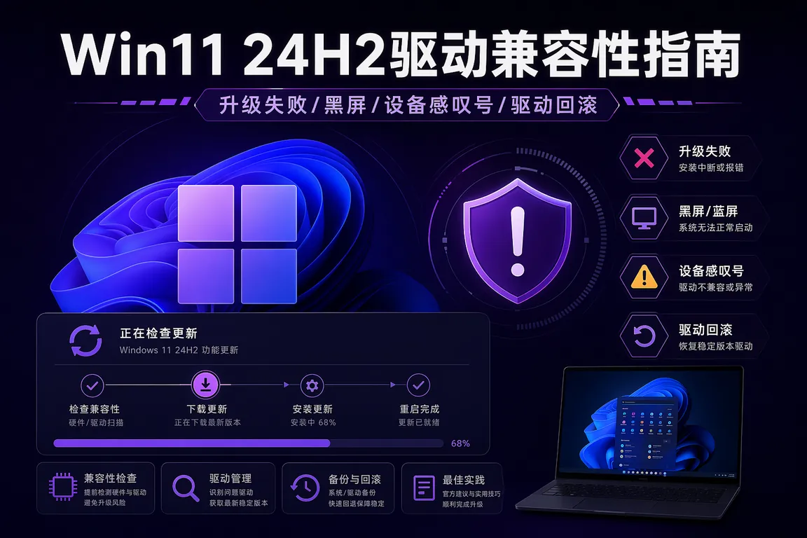 Win11 24H2驱动兼容性完全指南:升级失败/黑屏/设备感叹号/驱动回滚/修复大全(2026)