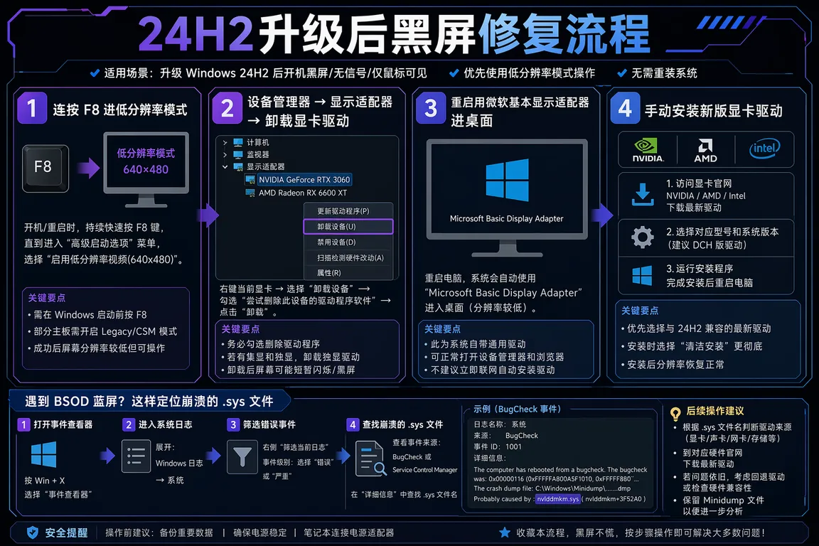 24H2升级后黑屏蓝屏修复流程