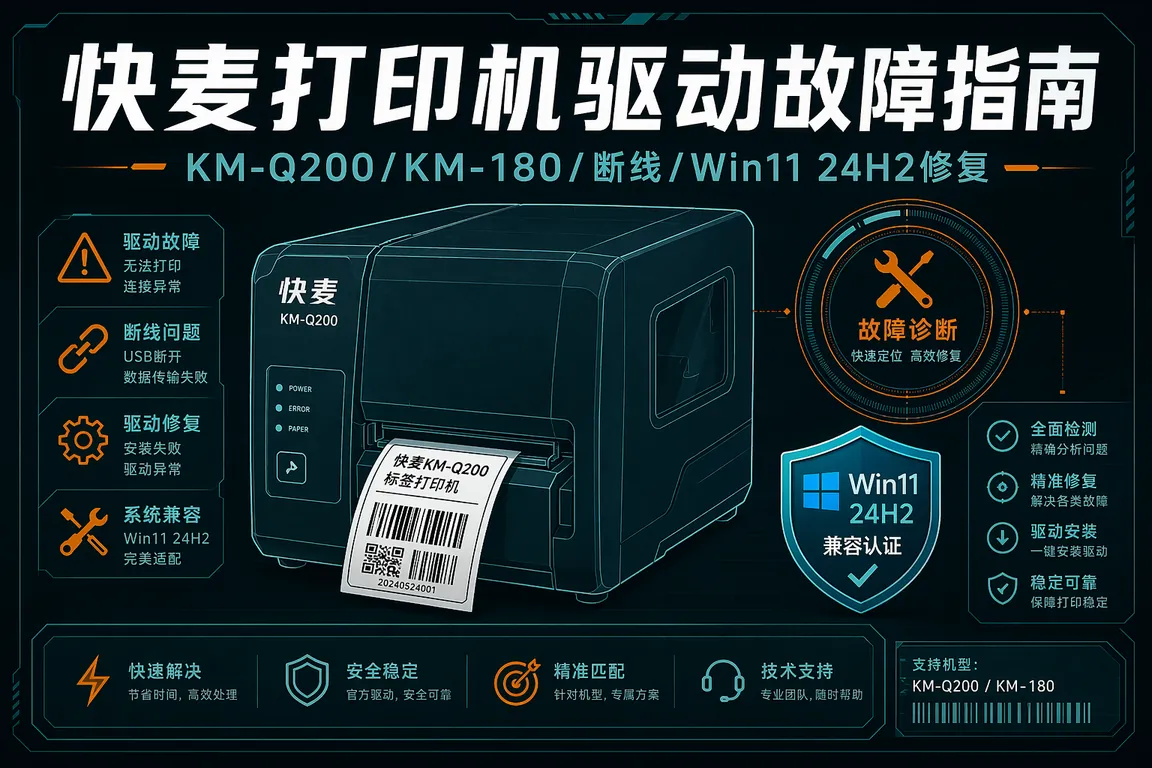 快麦Kuaimai打印机驱动故障修复指南:KM-Q200/KM-180/断线/Win11 24H2驱动证书(2026)