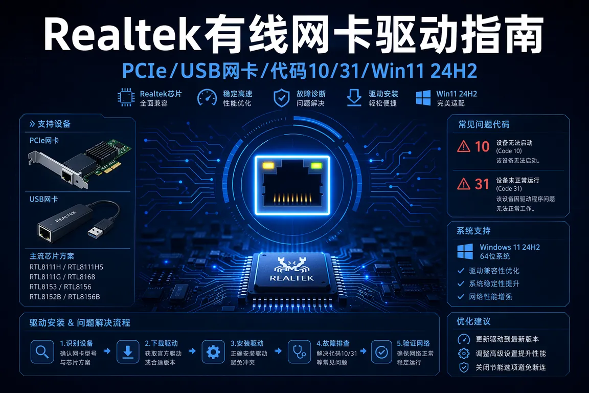 Realtek有线网卡驱动安装指南:PCIe/USB网卡/代码10/31/黄叹号/Win11 24H2(2026)