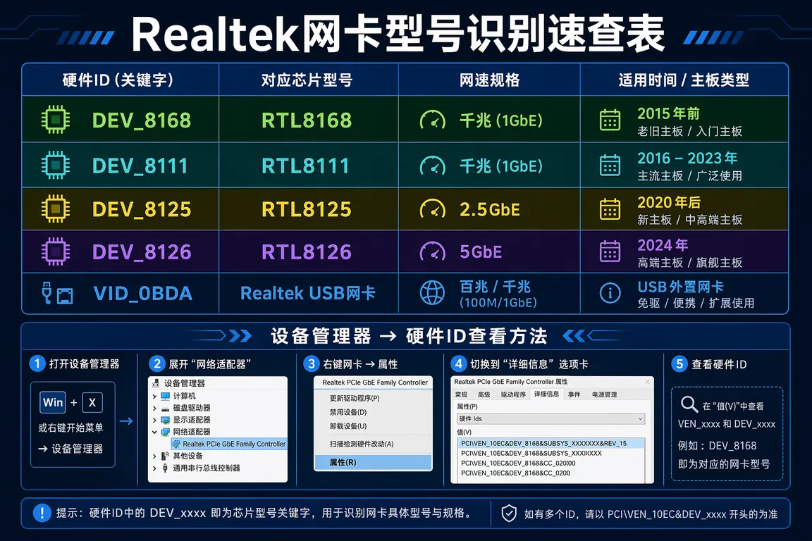 Realtek网卡型号识别与驱动对应表