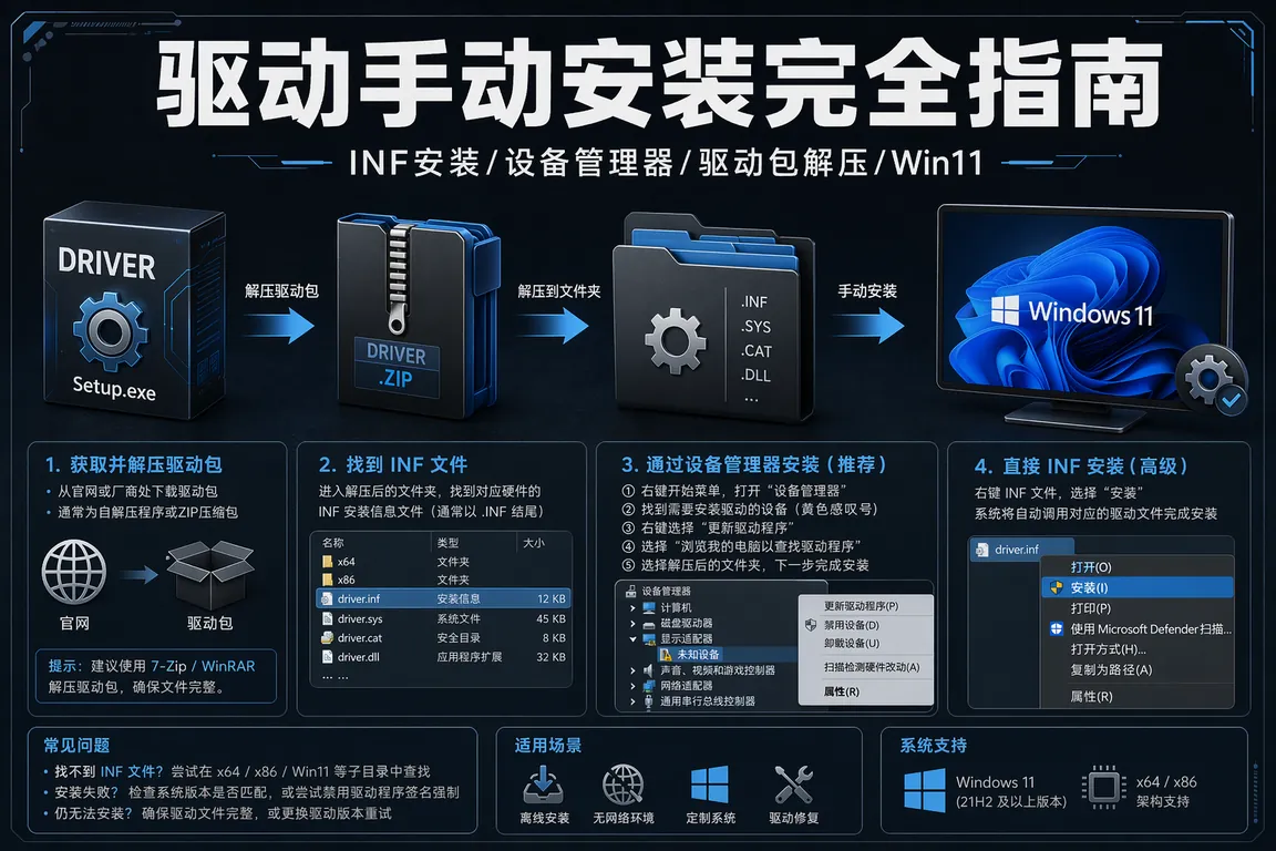 驱动手动安装完全指南:INF安装/设备管理器/驱动包解压/自动安装失败/Win11(2026)
