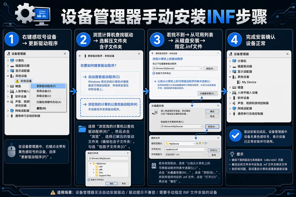 设备管理器手动安装INF步骤