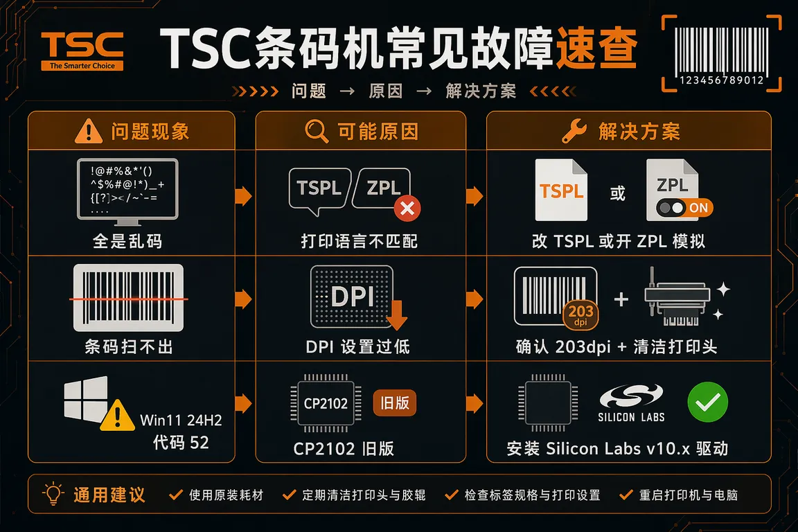 TSC条码机常见故障速查