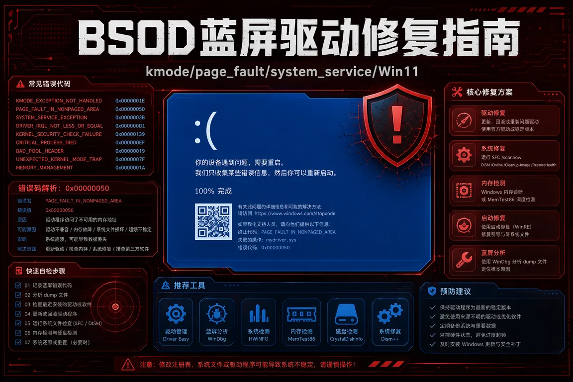 BSOD蓝屏驱动修复完全指南:kmode_exception/page_fault/system_service/Win11(2026)