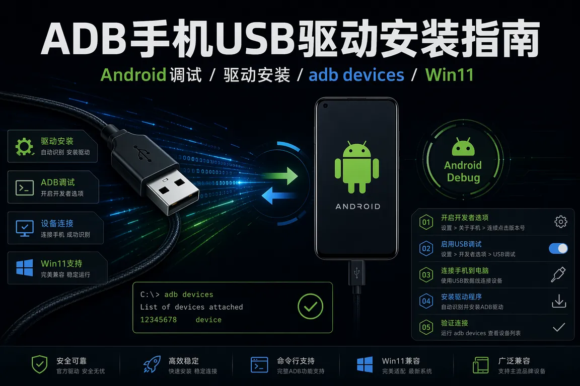 Android手机ADB USB驱动安装指南:调试模式/adb devices/华为/小米/Win11(2026)