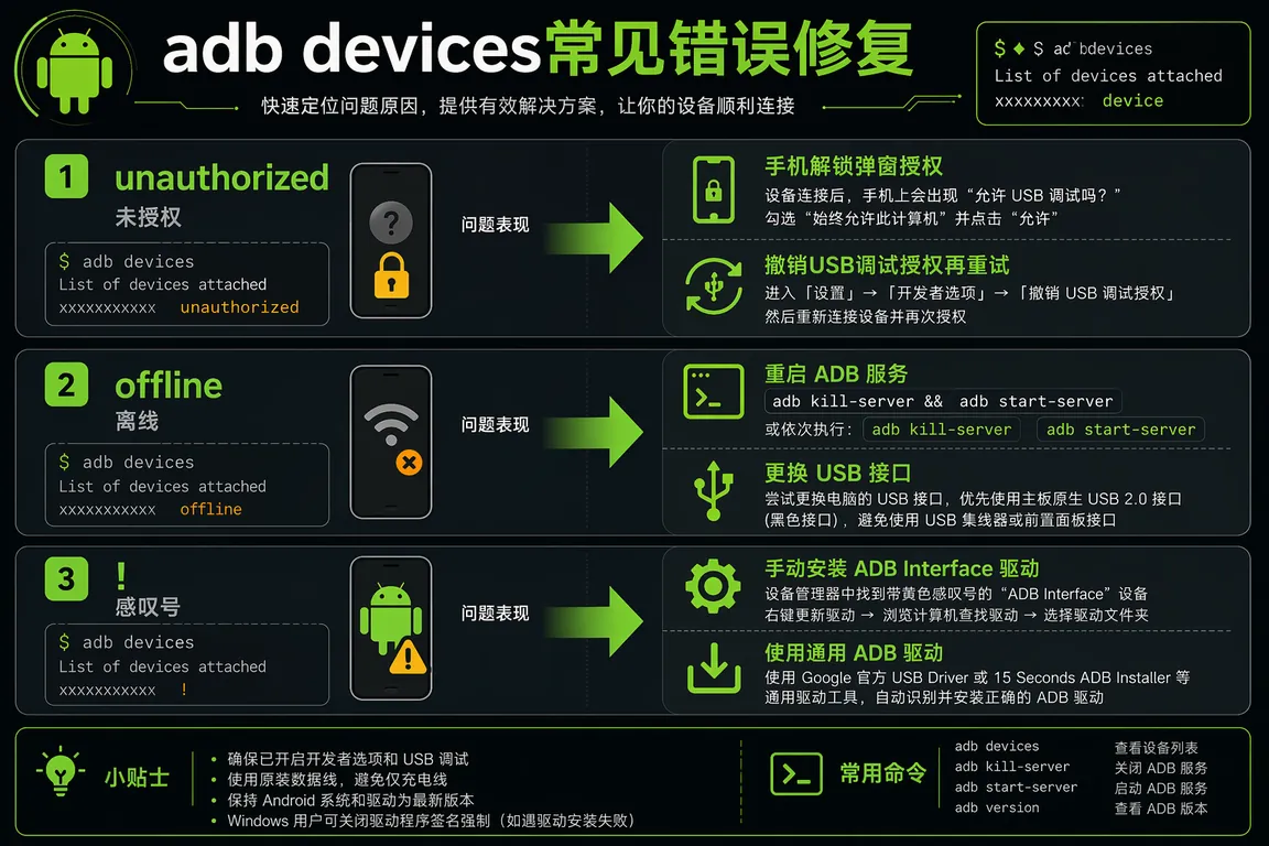 adb devices常见错误修复流程