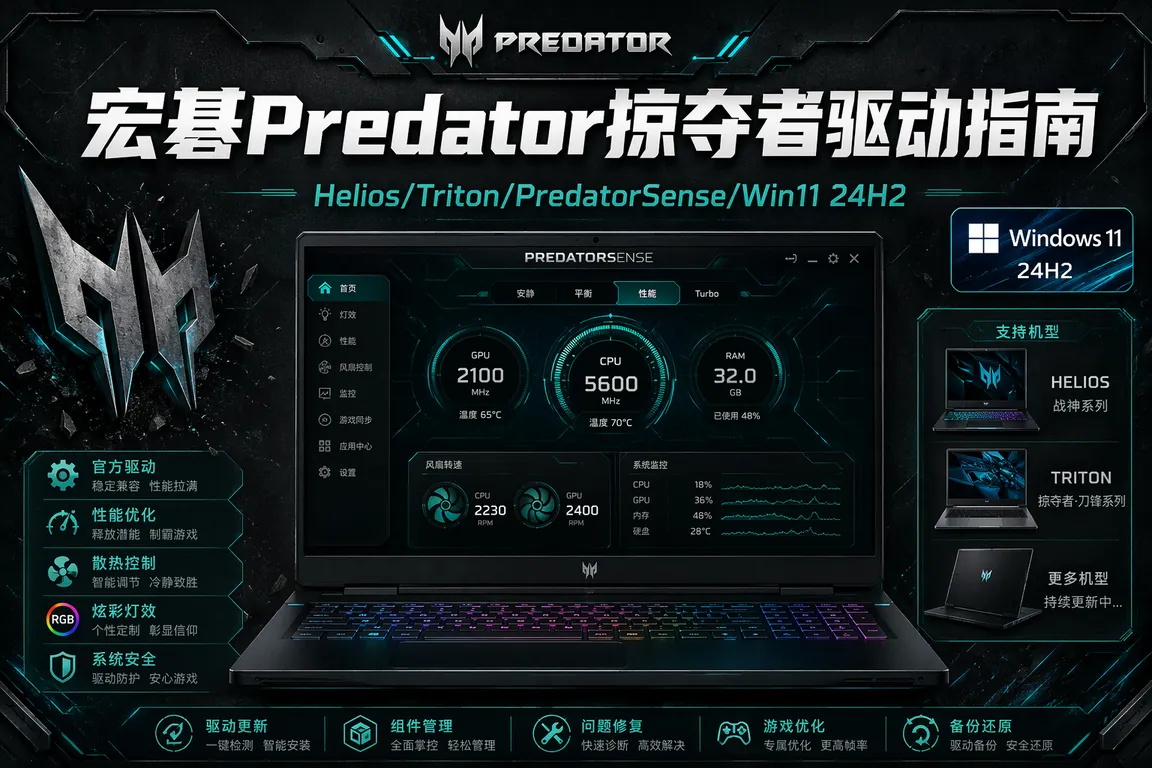 宏碁Predator掠夺者笔记本驱动指南:Helios/Triton/PredatorSense/独显直连/Win11 24H2(2026)