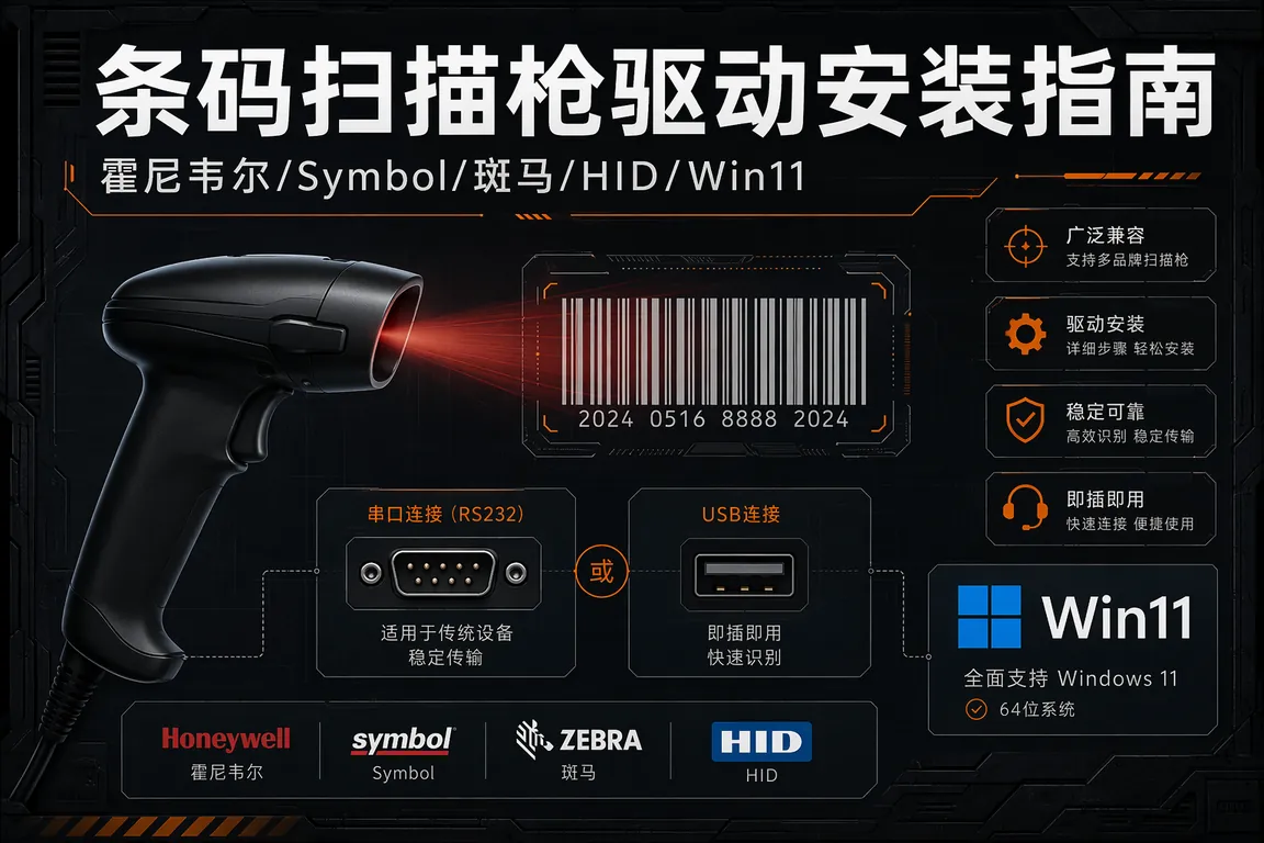 条码扫描枪驱动安装指南:霍尼韦尔/Symbol斑马/新大陆/USB-HID/串口/Win11(2026)