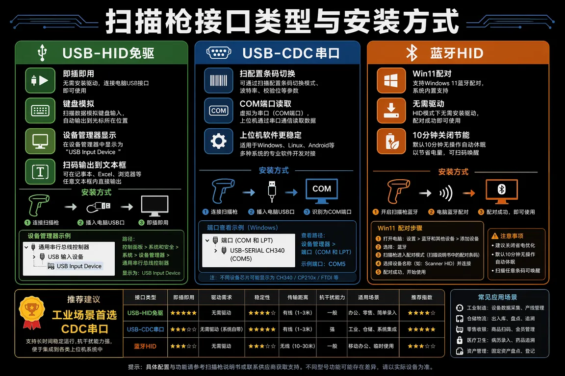 扫描枪接口类型与安装方式对比